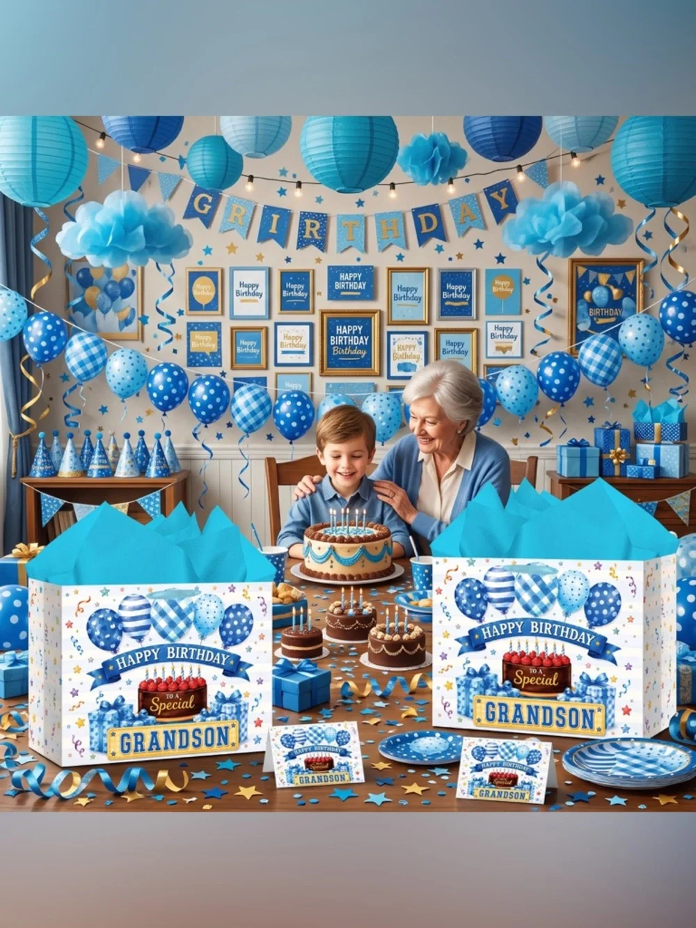 Happy Birthday Grandson Gift Bag with Blue Tissue Paper